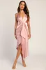 Caught Feelings Blush Satin Ruffled Midi Dress sold by Lulus
