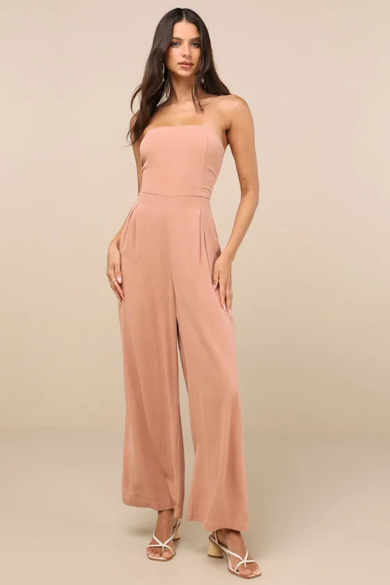 Breezy Essential Light Brown Linen Wide-Leg Jumpsuit sold by Lulus
