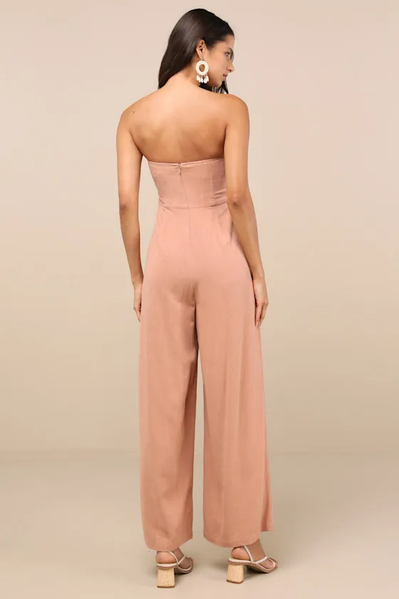 Breezy Essential Light Brown Linen Wide-Leg Jumpsuit sold by Lulus product image thumbnail 2