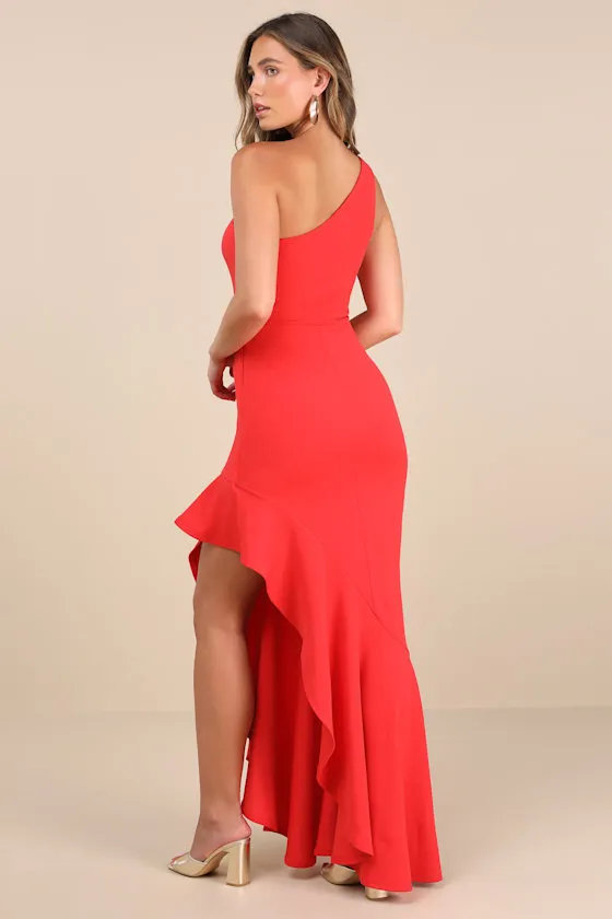 Dramatic Persona Bright Orange One-Shoulder Ruffled Maxi Dress sold by Lulus product image thumbnail 2