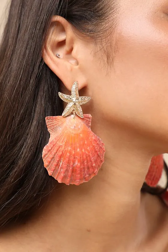 Kahlani Coral and Gold Seashell Statement Earrings sold by Lulus