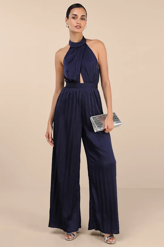 Confident Impression Navy Satin Pleated Halter Jumpsuit sold by Lulus