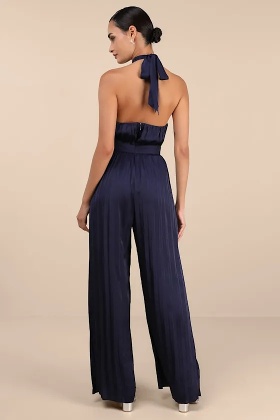 Confident Impression Navy Satin Pleated Halter Jumpsuit sold by Lulus product image thumbnail 2