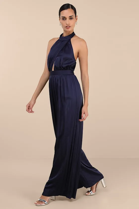 Confident Impression Navy Satin Pleated Halter Jumpsuit sold by Lulus product image thumbnail 3