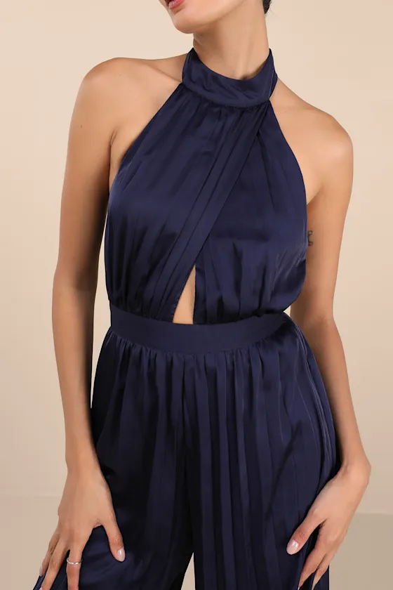 Confident Impression Navy Satin Pleated Halter Jumpsuit sold by Lulus product image thumbnail 4