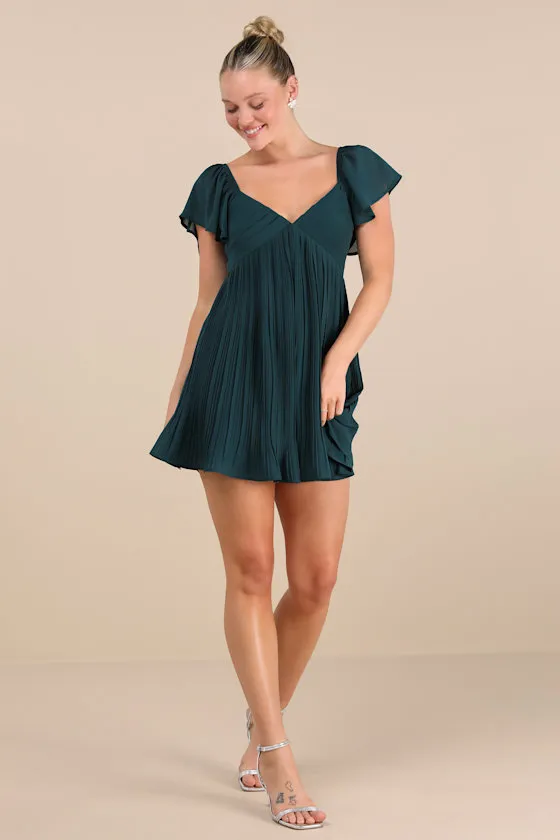 Amalfi Coast Emerald Pleated Flutter Sleeve Mini Dress sold by Lulus product image thumbnail 3