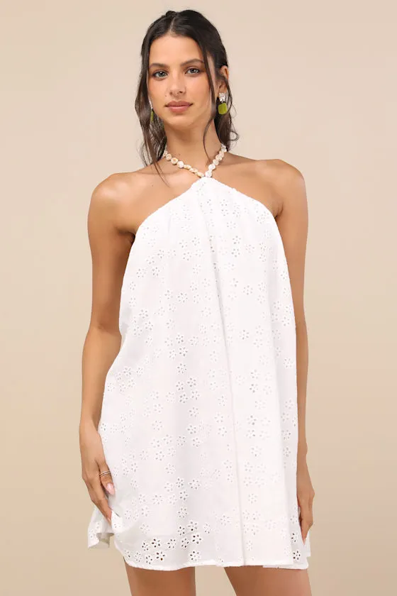 Mina White Eyelet Embroidered Shift Mini Dress sold by Lulus