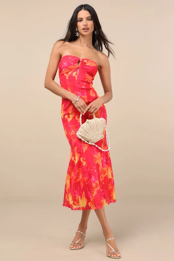 Islay Hot Pink Floral Abstract Mesh Strapless Midi Dress sold by Lulus product image thumbnail 2