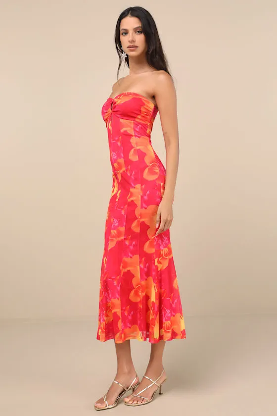 Islay Hot Pink Floral Abstract Mesh Strapless Midi Dress sold by Lulus product image thumbnail 3