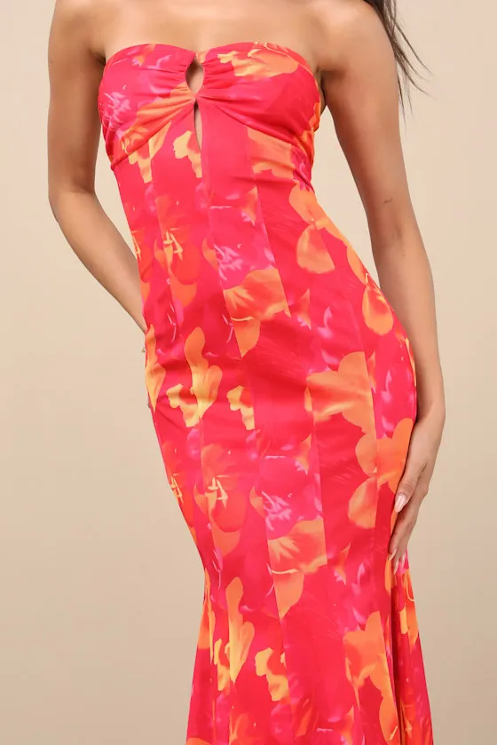 Islay Hot Pink Floral Abstract Mesh Strapless Midi Dress sold by Lulus product image thumbnail 4