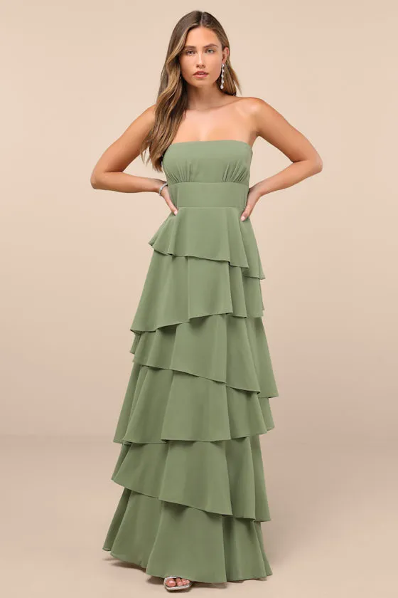 Gorgeous Essence Sage Strapless Tiered Maxi Dress sold by Lulus