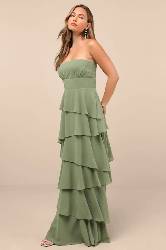 Gorgeous Essence Sage Strapless Tiered Maxi Dress sold by Lulus product image thumbnail 3