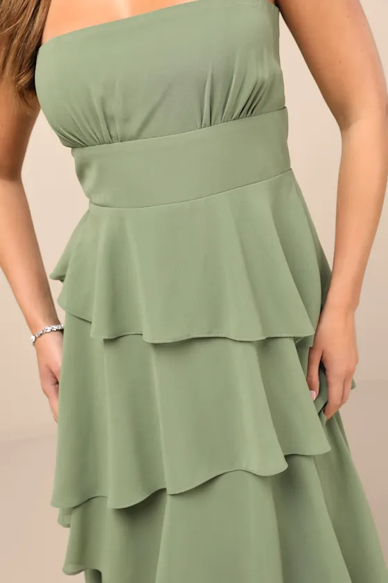 Gorgeous Essence Sage Strapless Tiered Maxi Dress sold by Lulus product image thumbnail 4