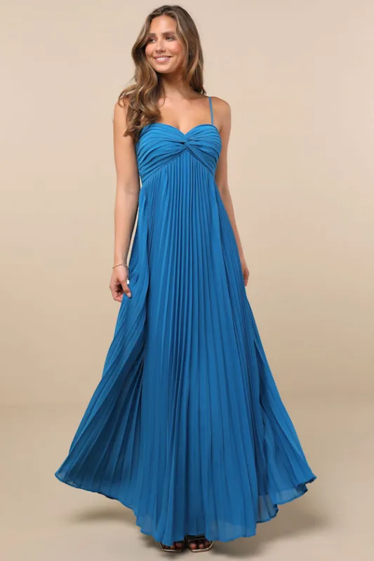 Jolette Blue Pleated Knot-Front Maxi Dress made by Lulus