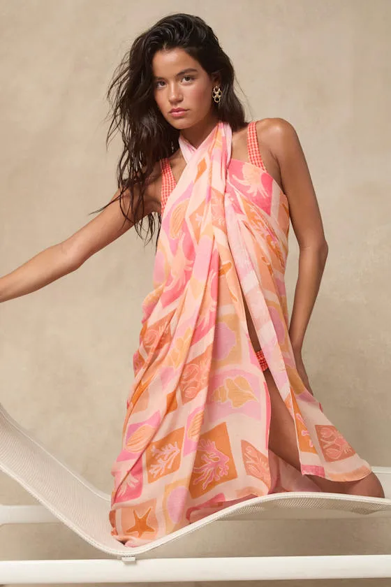 Azriel Coral Pink Multi Print Sarong Swim Cover-Up sold by Lulus