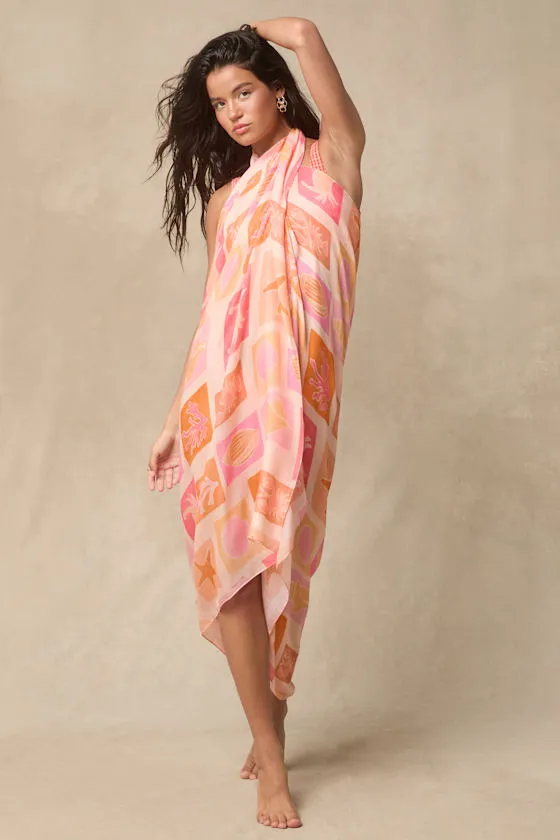 Azriel Coral Pink Multi Print Sarong Swim Cover-Up sold by Lulus product image thumbnail 2