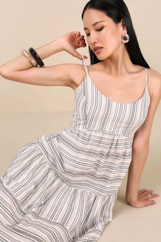 Journi Taupe Striped Tiered Midi Dress sold by Lulus