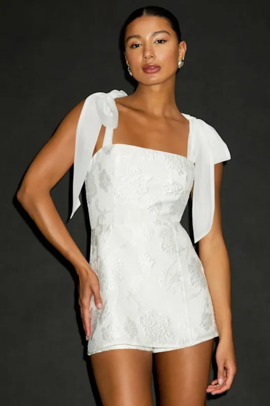 Esihle White Jacquard Tie-Strap Skort Romper sold by Lulus