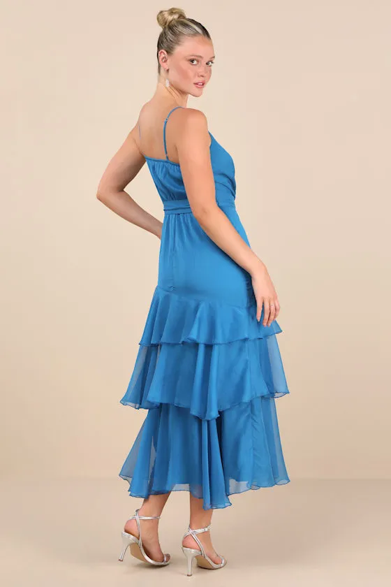 Ashanti Bright Blue Surplice Tiered Midi Dress sold by Lulus product image thumbnail 4