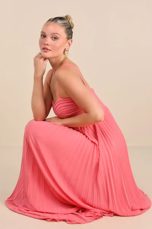 Jolette Coral Pink Pleated Knot-Front Maxi Dress sold by Lulus
