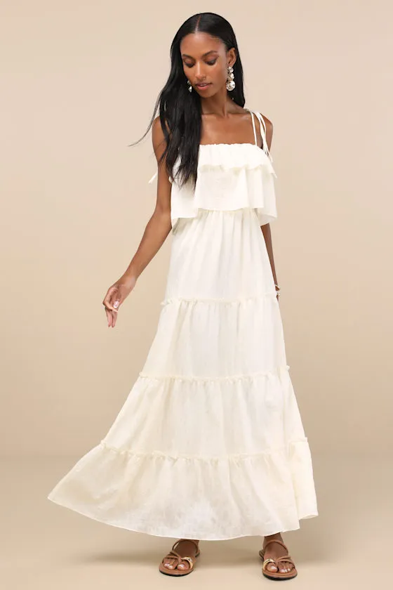 Inaya Ivory Textured Tie-Strap Tiered Maxi Dress sold by Lulus