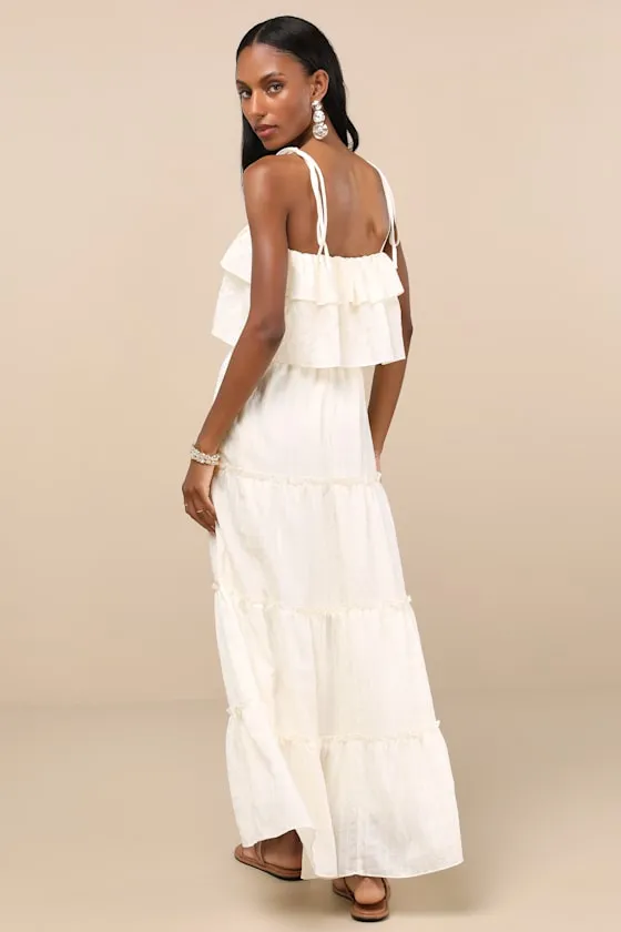 Inaya Ivory Textured Tie-Strap Tiered Maxi Dress sold by Lulus product image thumbnail 2