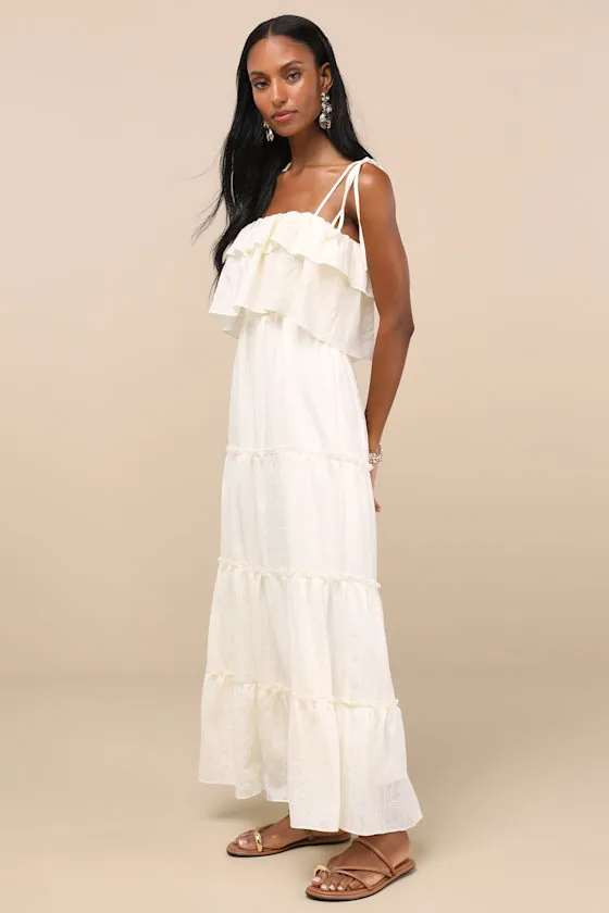 Inaya Ivory Textured Tie-Strap Tiered Maxi Dress sold by Lulus product image thumbnail 3