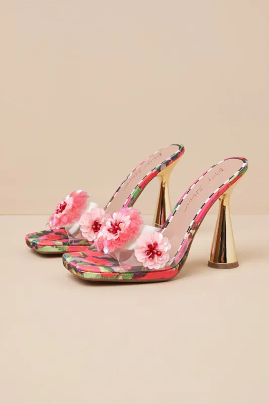Blondee Red and Green Floral Applique High Heel Sandals made by Betsey Johnson