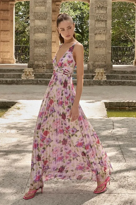 Morgana Pink Multi Floral Satin Pleated Maxi Dress sold by Lulus
