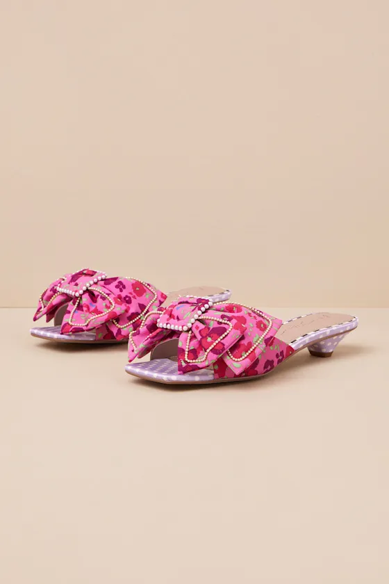 Aylah Pink Floral Bow Slide Kitten Heel Sandals sold by Lulus