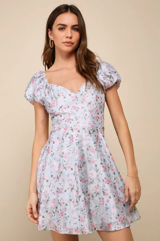 Charmingly Romantic Blue Floral Burnout Puff Sleeve Mini Dress sold by Lulus