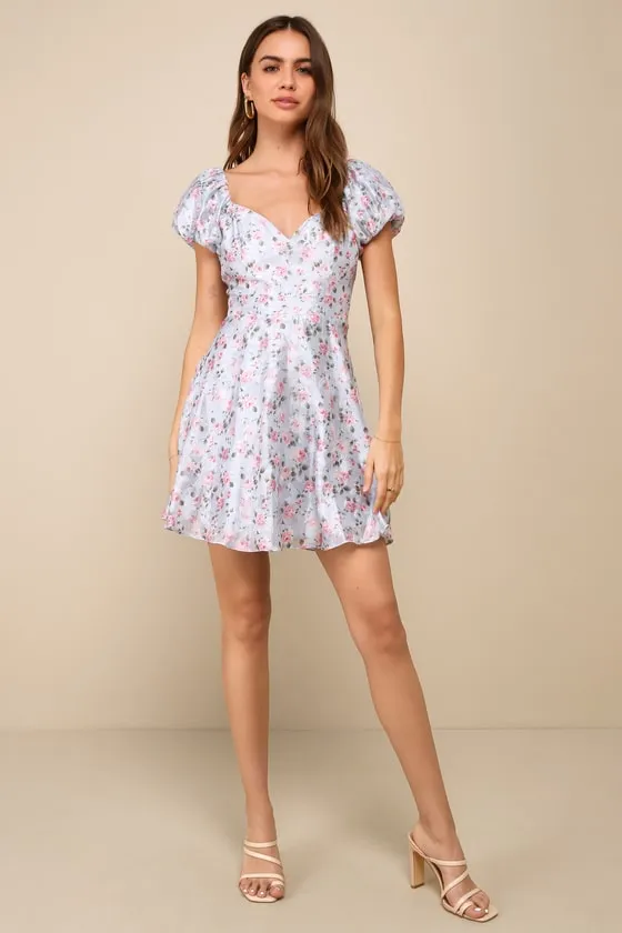 Charmingly Romantic Blue Floral Burnout Puff Sleeve Mini Dress sold by Lulus product image thumbnail 2