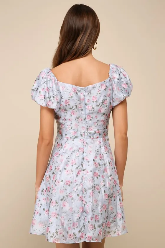 Charmingly Romantic Blue Floral Burnout Puff Sleeve Mini Dress sold by Lulus product image thumbnail 3