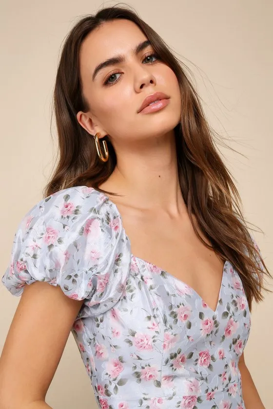 Charmingly Romantic Blue Floral Burnout Puff Sleeve Mini Dress sold by Lulus product image thumbnail 4