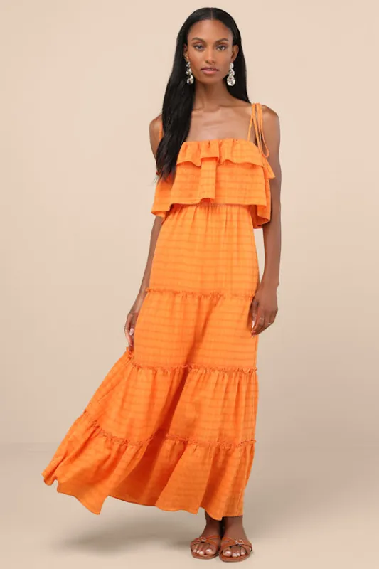 Inaya Orange Textured Tie-Strap Tiered Maxi Dress sold by Lulus