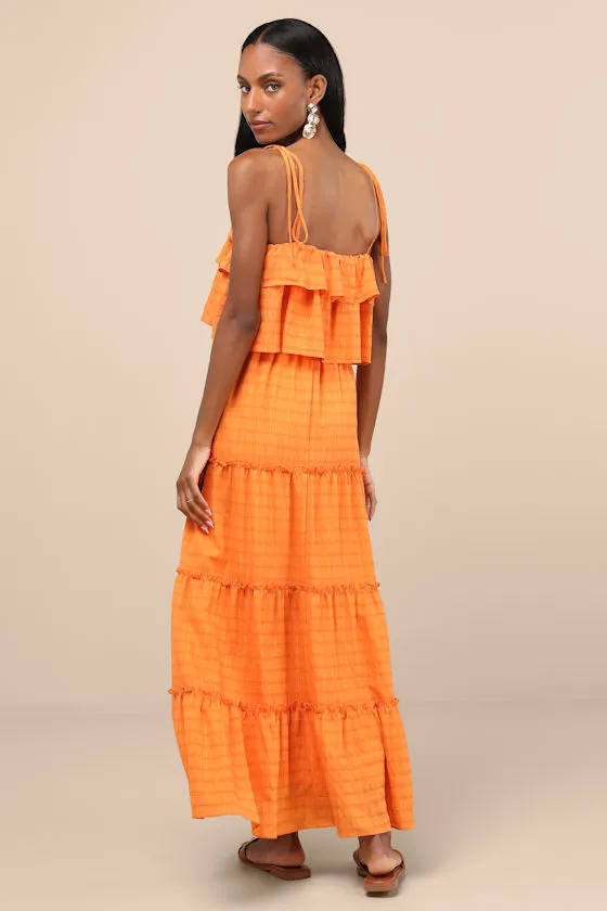 Inaya Orange Textured Tie-Strap Tiered Maxi Dress sold by Lulus product image thumbnail 3