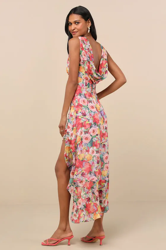 Laraline Red Multi Floral Ruffled Cowl Back Maxi Dress sold by Lulus product image thumbnail 2