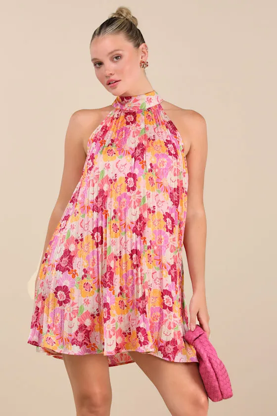 Ceslie Pink Multi Floral Pleated Shift Mini Dress sold by Lulus