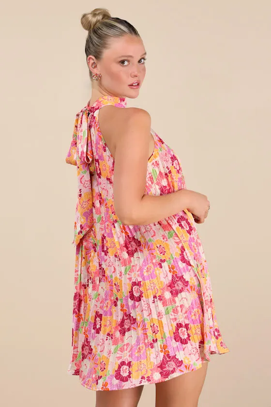 Ceslie Pink Multi Floral Pleated Shift Mini Dress sold by Lulus product image thumbnail 2