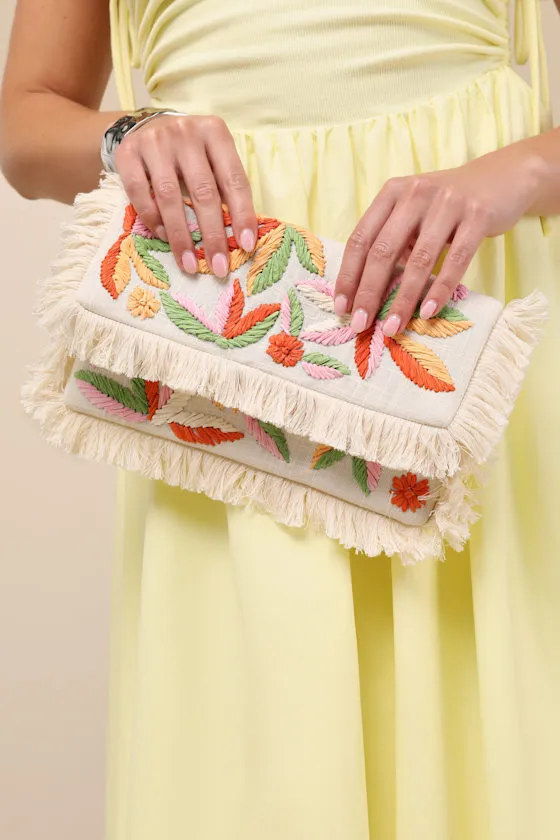 Bizenta Cream Floral Embroidered Fringe Clutch sold by Lulus