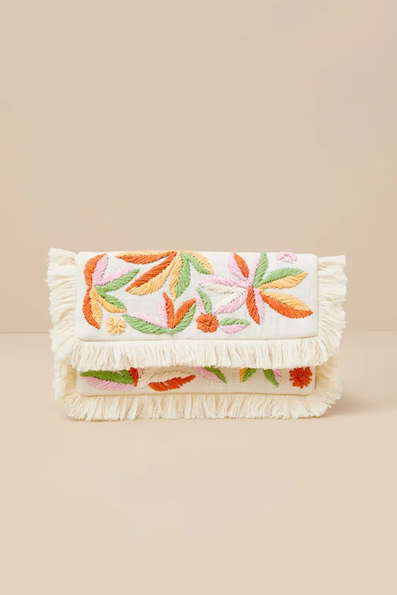 Bizenta Cream Floral Embroidered Fringe Clutch sold by Lulus product image thumbnail 2