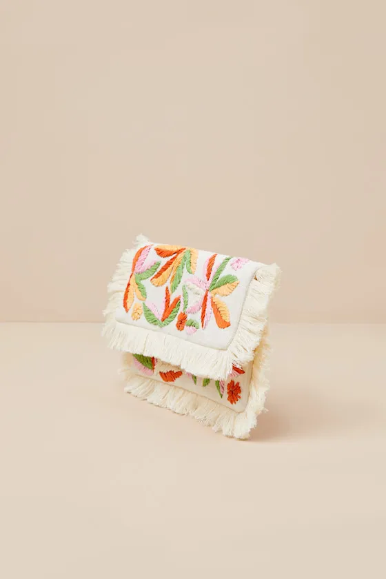 Bizenta Cream Floral Embroidered Fringe Clutch sold by Lulus product image thumbnail 4