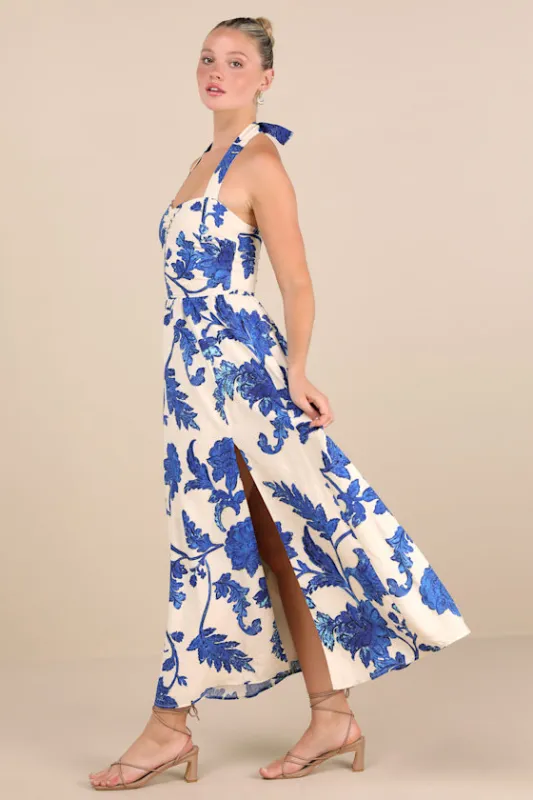 Layton Blue and Cream Floral Halter Maxi Dress sold by Lulus