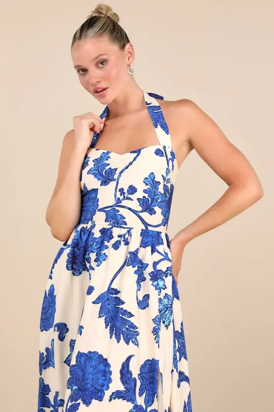 Layton Blue and Cream Floral Halter Maxi Dress sold by Lulus product image thumbnail 2