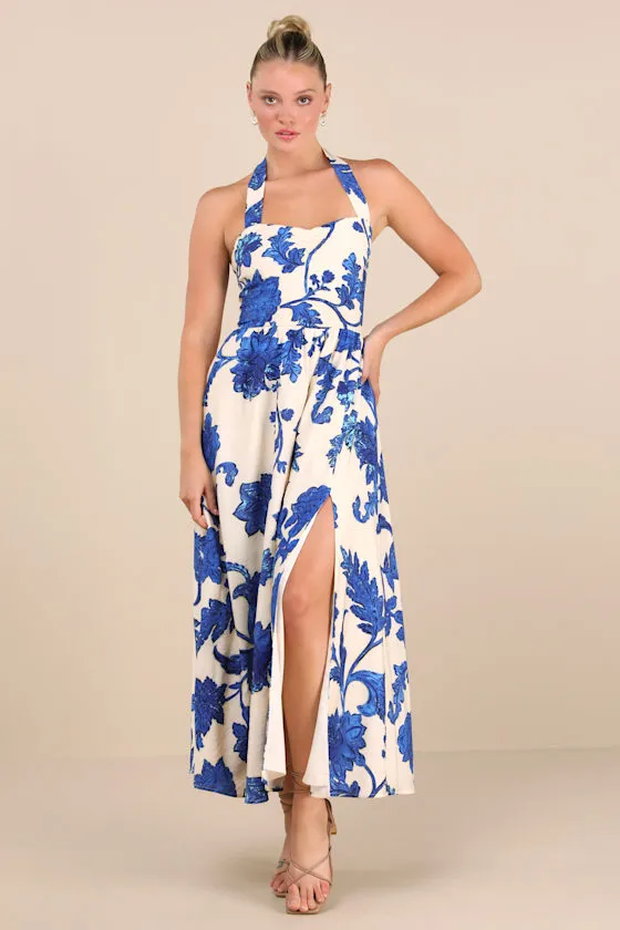 Layton Blue and Cream Floral Halter Maxi Dress sold by Lulus product image thumbnail 3