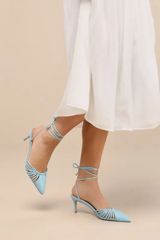 Ansel Seafoam Snake-Embossed Lace-Up Pumps sold by Lulus
