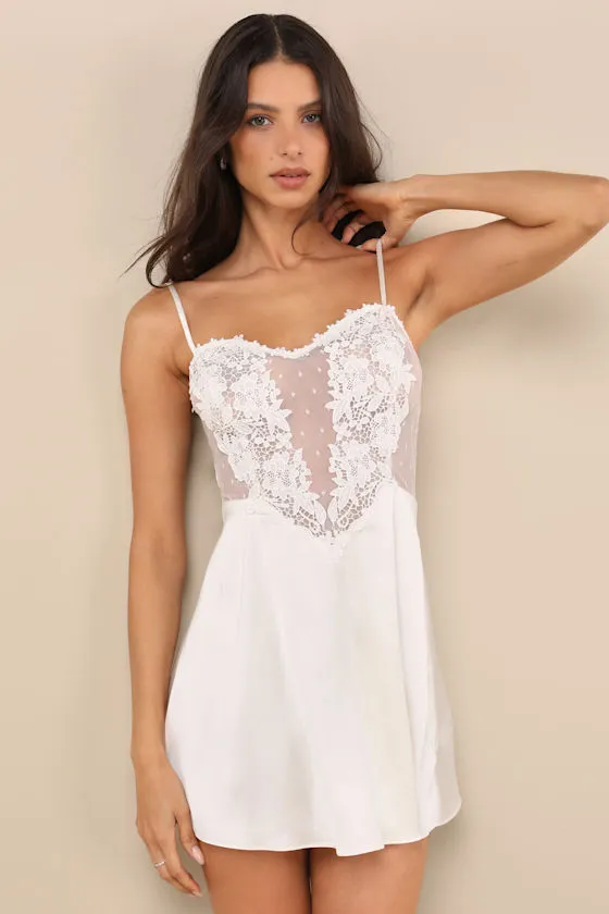 Damilia Ivory Sheer Lace Satin Lingerie Slip sold by Lulus