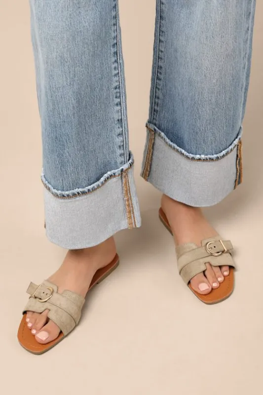 Edetta Taupe Suede Buckle Slide Sandals sold by Lulus