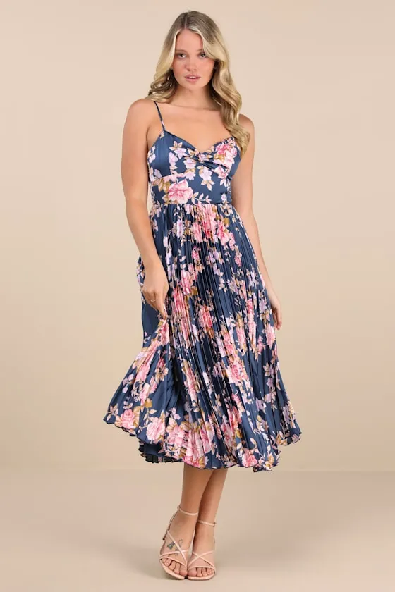 Francette Navy Floral Satin Pleated Midi Dress sold by Lulus