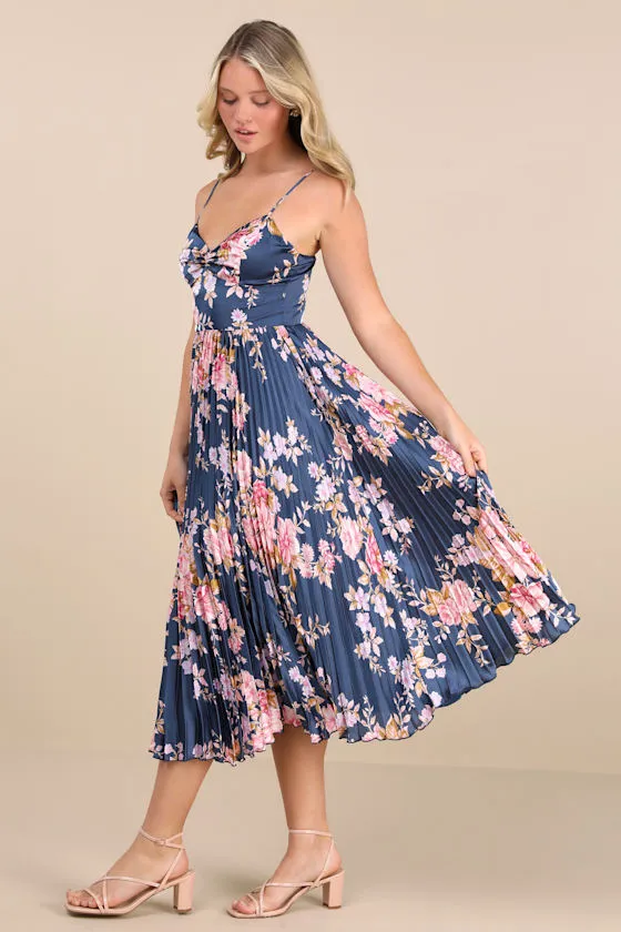 Francette Navy Floral Satin Pleated Midi Dress sold by Lulus product image thumbnail 2